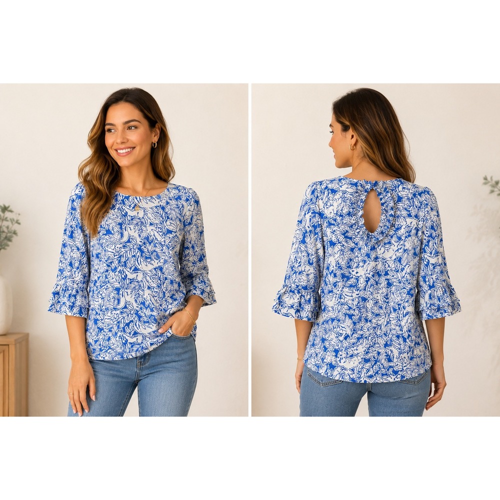 Lilly Pulitzer Blue‎ White Floral Ruffle Keyhole Top Size 2 3/4 Sleeve Blouse